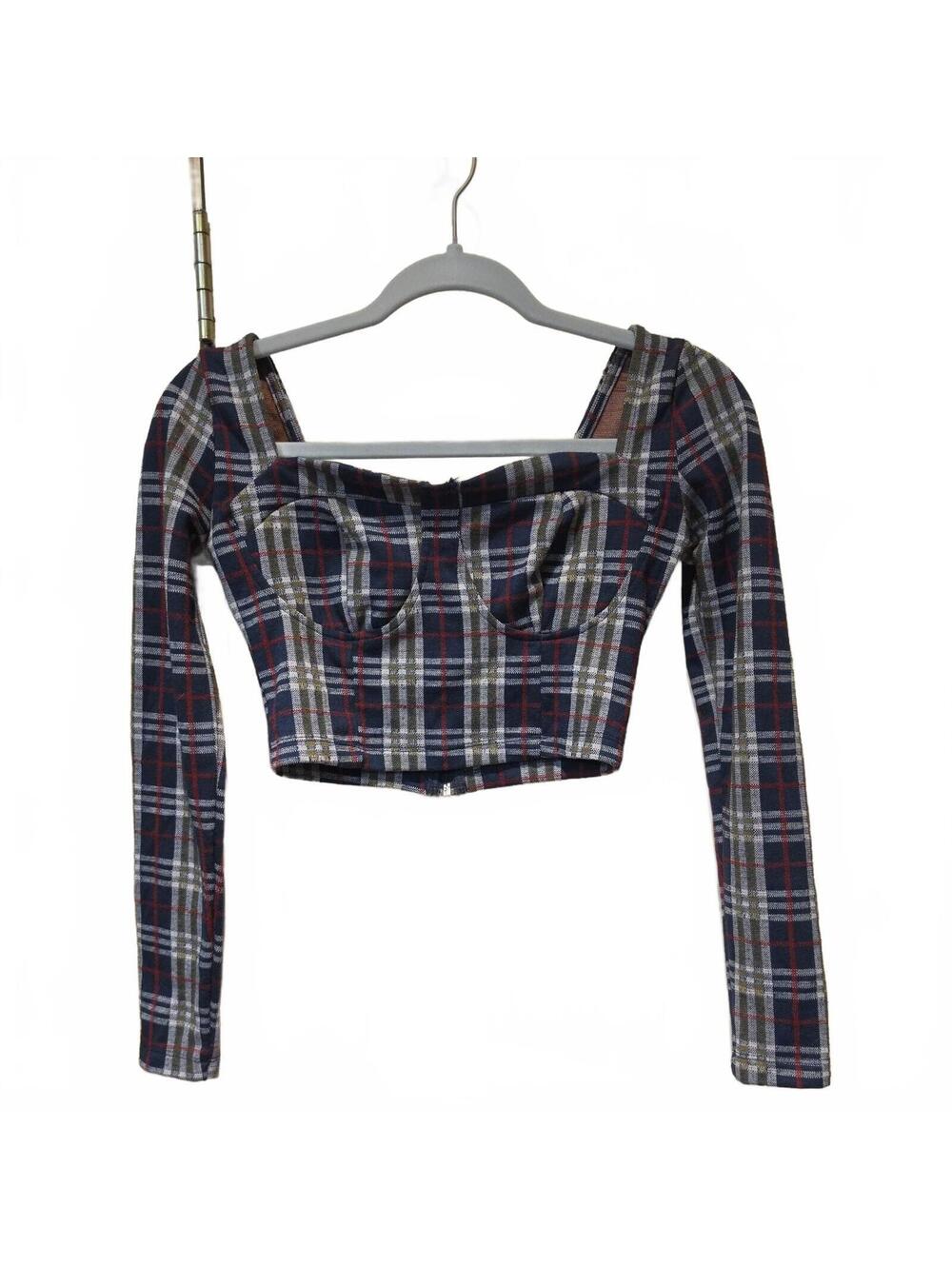 Free People Modern Love Long Sleeve Plaid Crop Top Sz 2